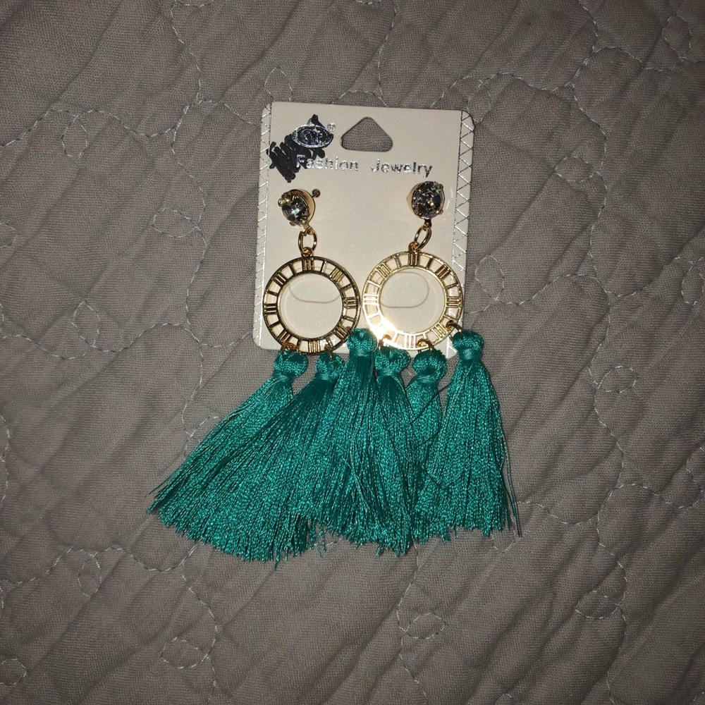 Beautiful teal blue tassel earrings with stud back